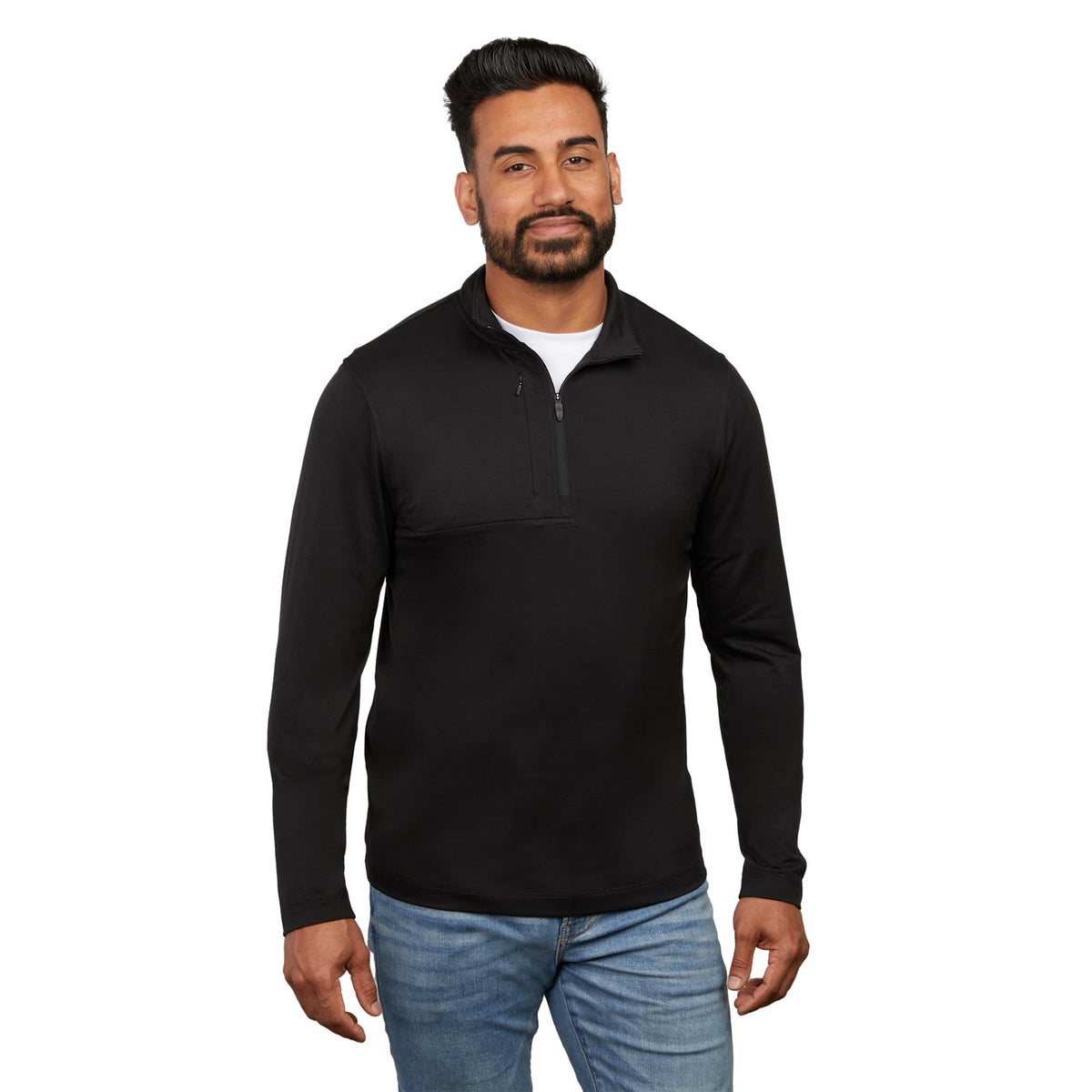 Izu Everything Eco Stretch Quarter Zip for Men Transfer - Black - Front On Model