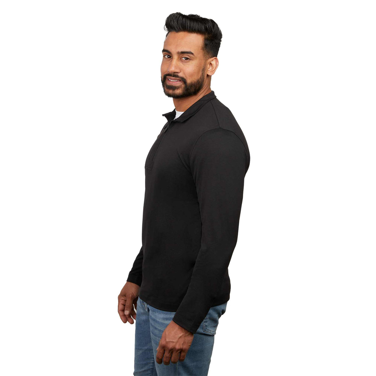 Izu Everything Eco Stretch Quarter Zip for Men Transfer - Black - Left Side On Model