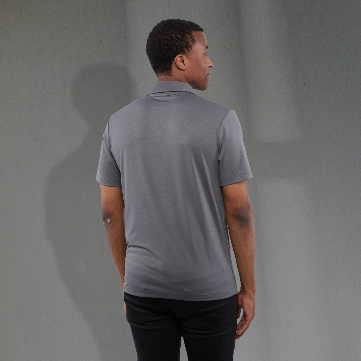 Izu Everything Performance Eco Polo for Men Transfer - Charcoal - Back On Model