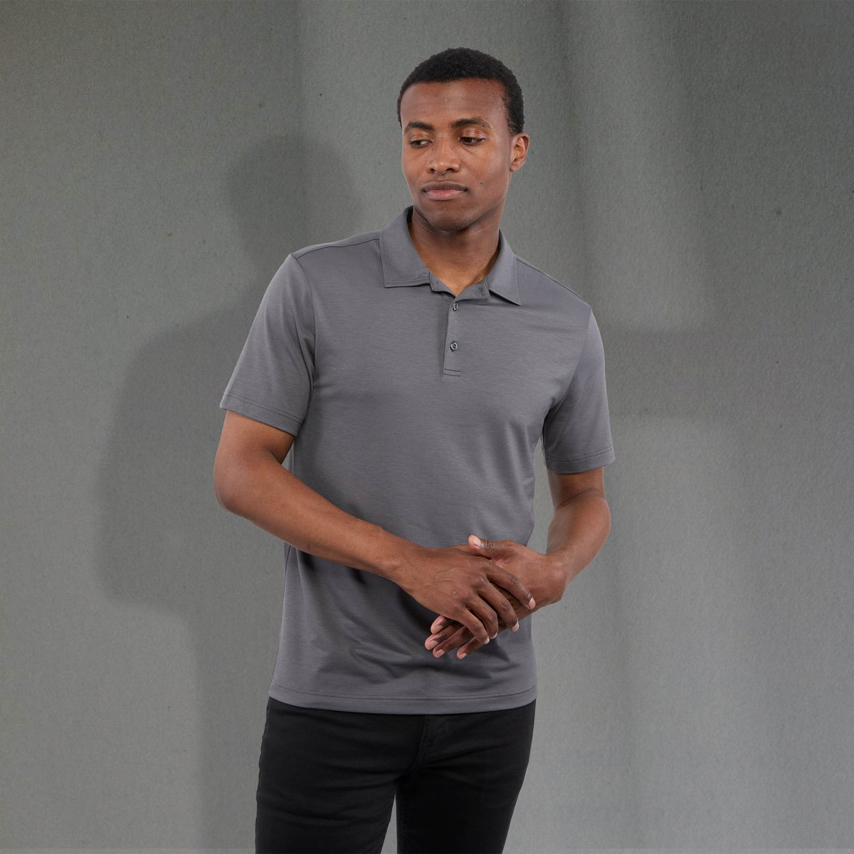 Izu Everything Performance Eco Polo for Men Transfer - Charcoal - Front On Model