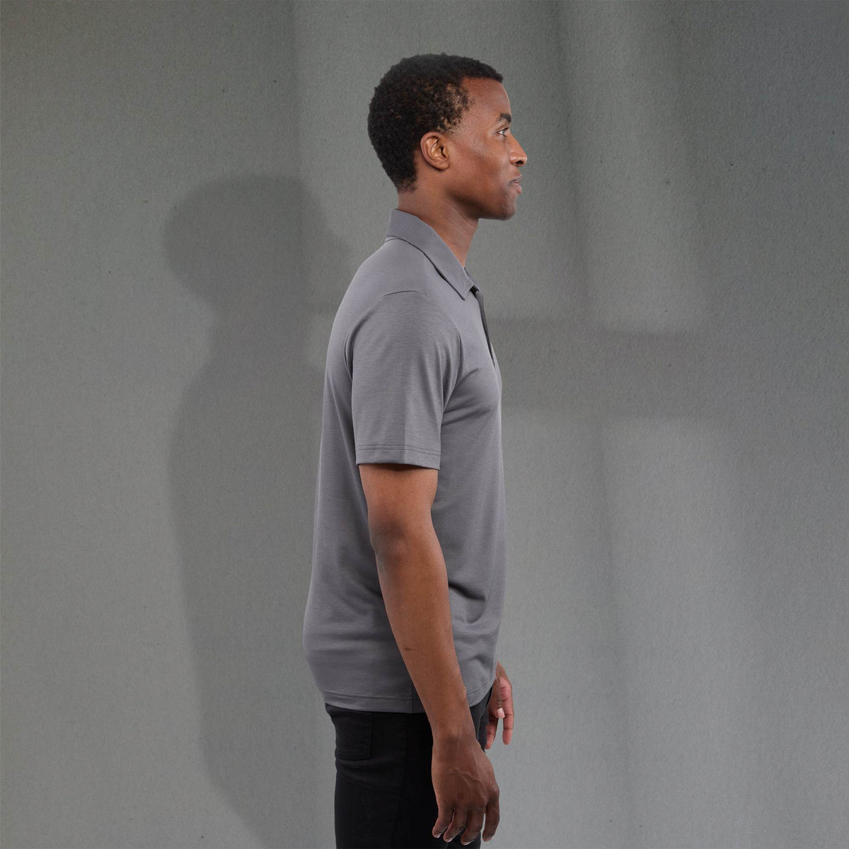 Izu Everything Performance Eco Polo for Men Transfer - Charcoal - Right Side On Model