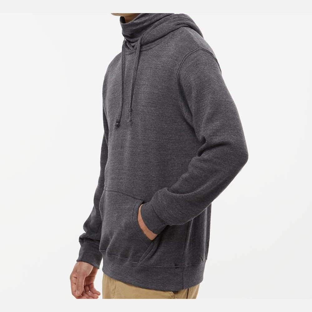 J. America Men's Gaiter Fleece Hooded Sweatshirt Embroidery - Black Heather - On Model Side