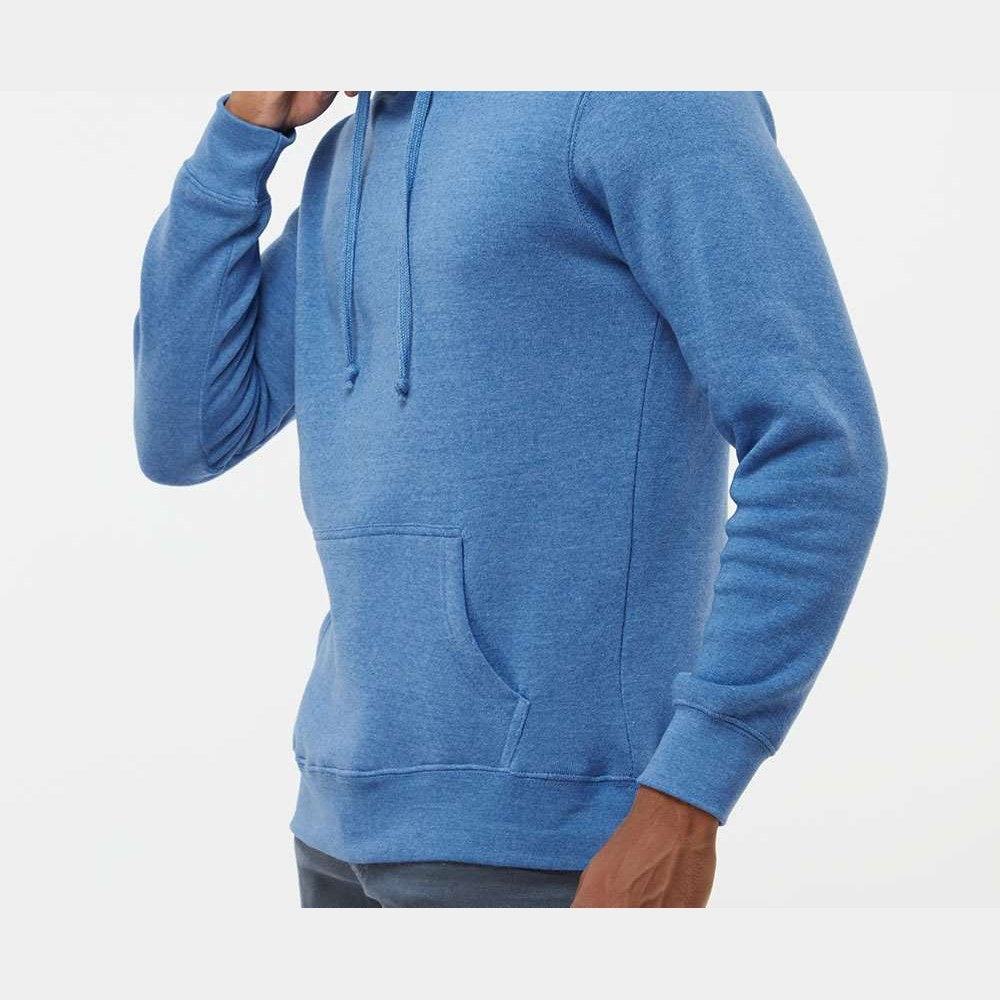 J. America Men's Gaiter Fleece Hooded Sweatshirt Embroidery - Cool Royal Heather - On Model Side