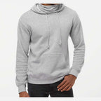 J. America Men's Gaiter Fleece Hooded Sweatshirt Embroidery - Grey Heather - On Model Front