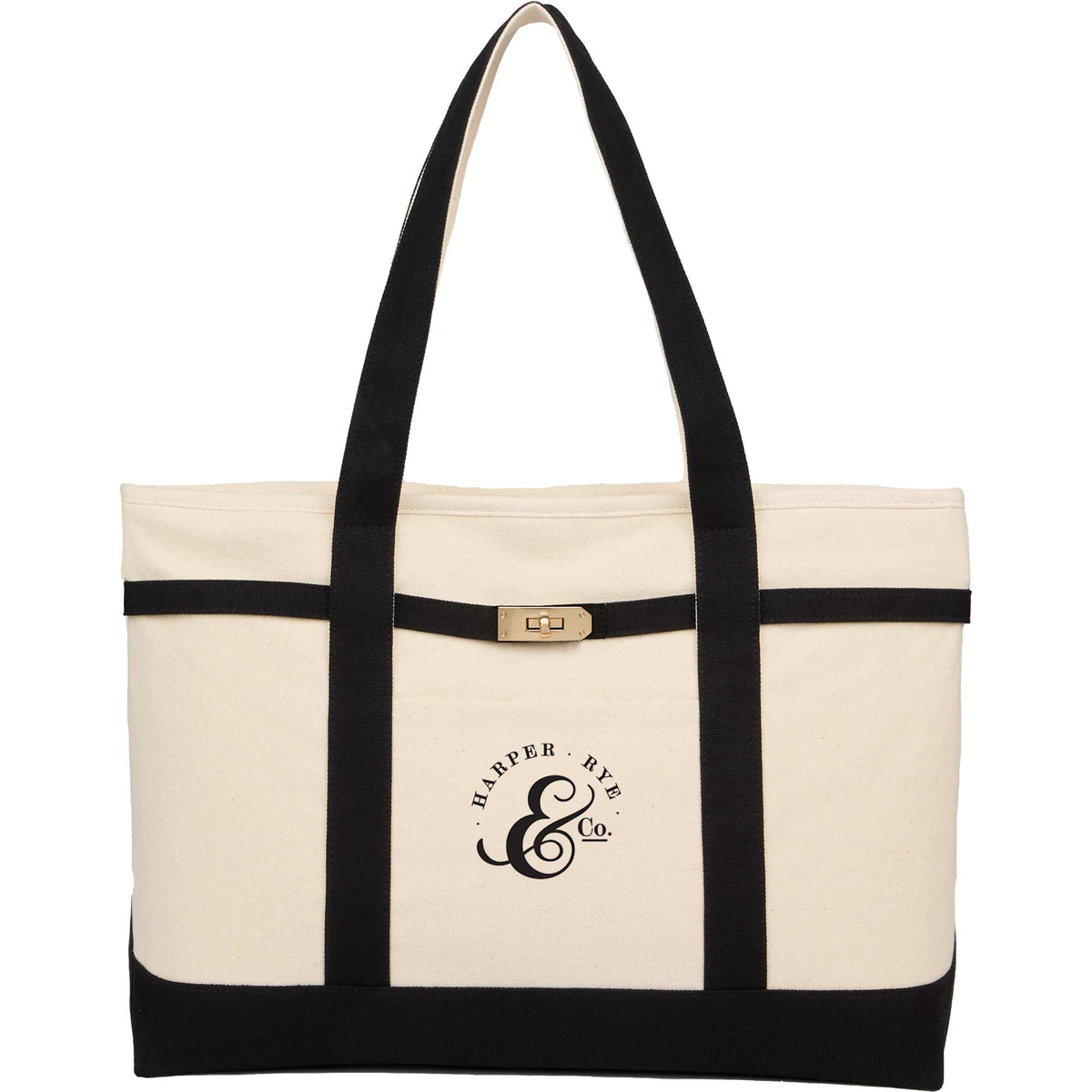 Jane Recycled Canvas Tote with Turn-Lock Buckle, 12 oz - Black - Front