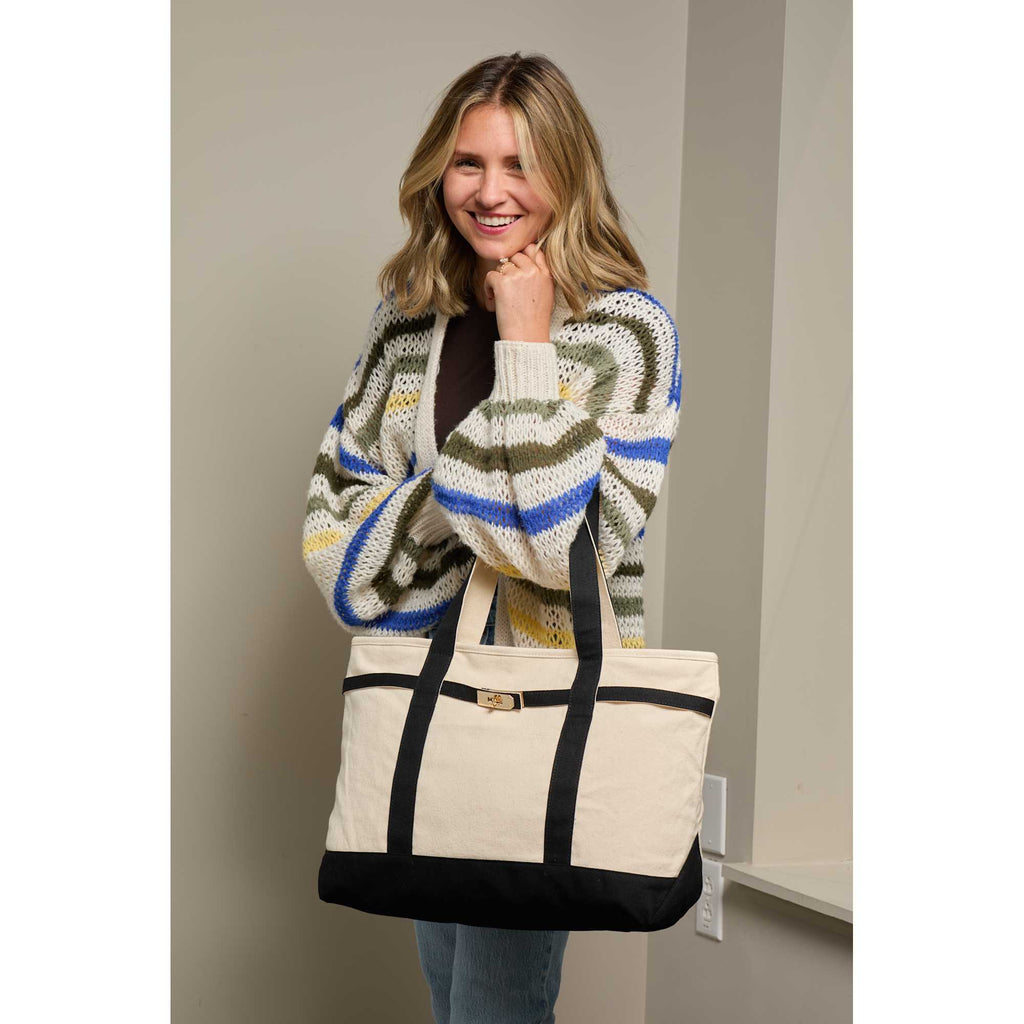 Jane Recycled Canvas Tote with Turn-Lock Buckle, 12 oz - Black - On Model 2