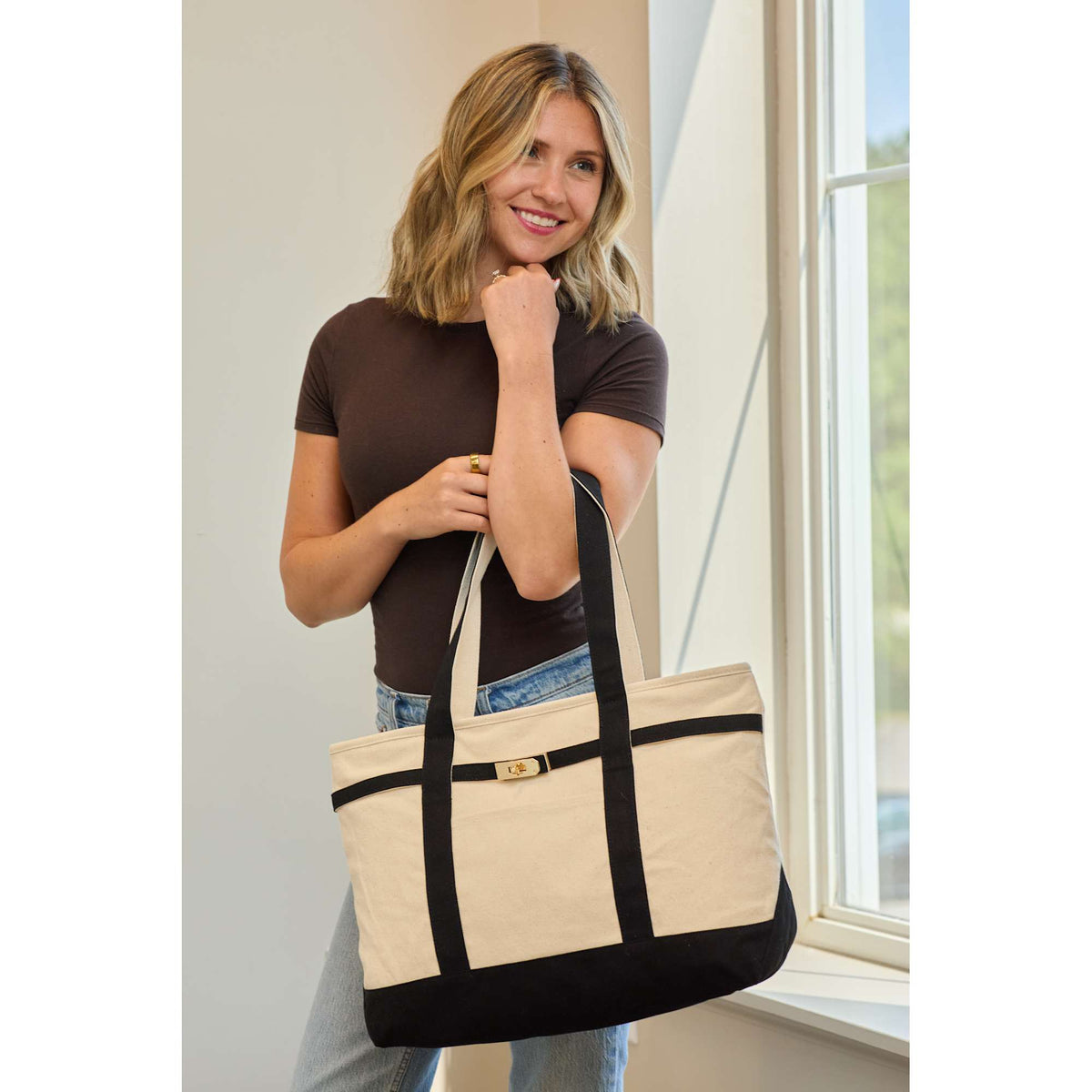 Jane Recycled Canvas Tote with Turn-Lock Buckle, 12 oz - Black - On Model