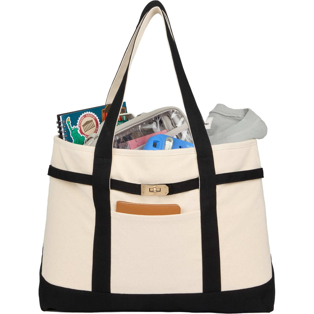Jane Recycled Canvas Tote with Turn-Lock Buckle, 12 oz - Black - Propped