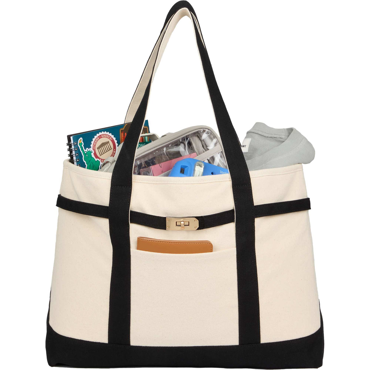 Jane Recycled Canvas Tote with Turn-Lock Buckle, 12 oz - Black - Propped