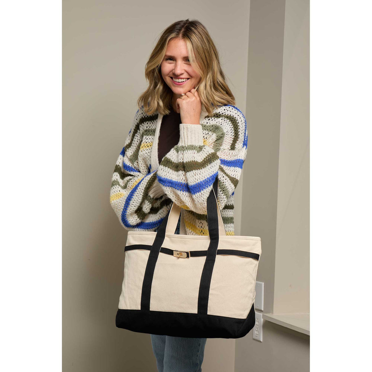 Jane Recycled Canvas Tote with Turn-Lock Buckle, 12 oz Transfer - Black - On Model 2