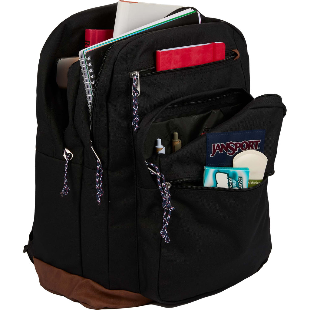 JanSport Cool Student Backpack with Synthetic Leather Trim Transfer - Black - Propped
