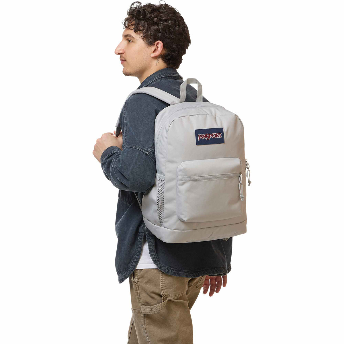 JanSport Cross Town Plus Laptop Backpack, 15 Inch - Gray - Right Angle On Model