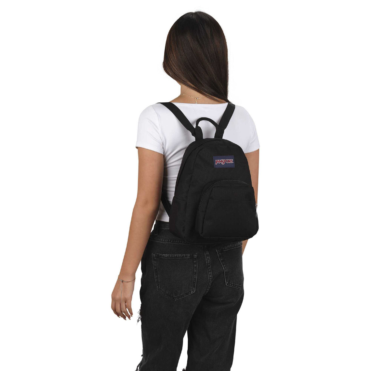 JanSport Half Pint Mini Backpack in Recycled PET - Black - Front Lifestyle