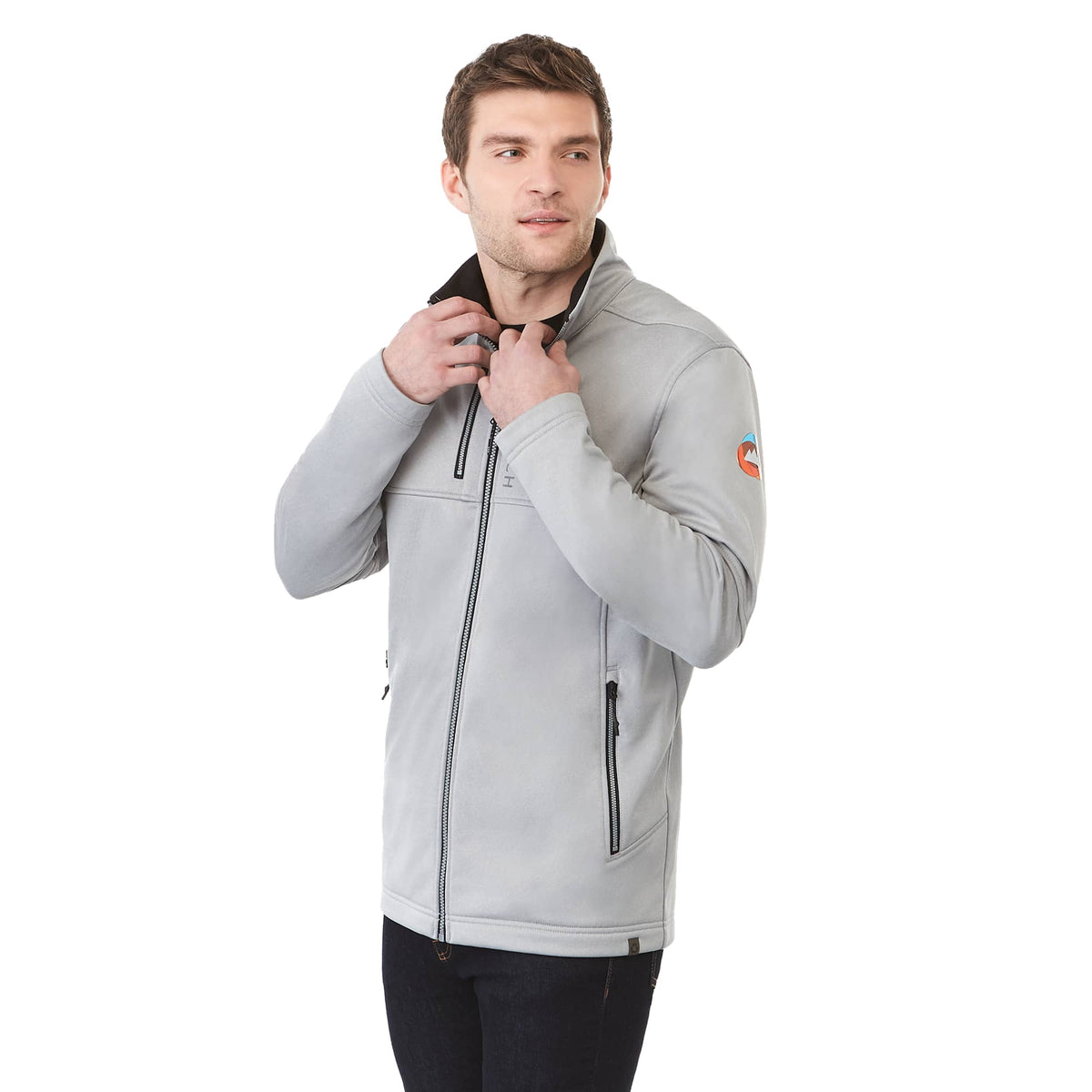 Joris Recycled Waterproof Softshell Jacket for Men Debossing - Silver Heather - Left Angle On Model