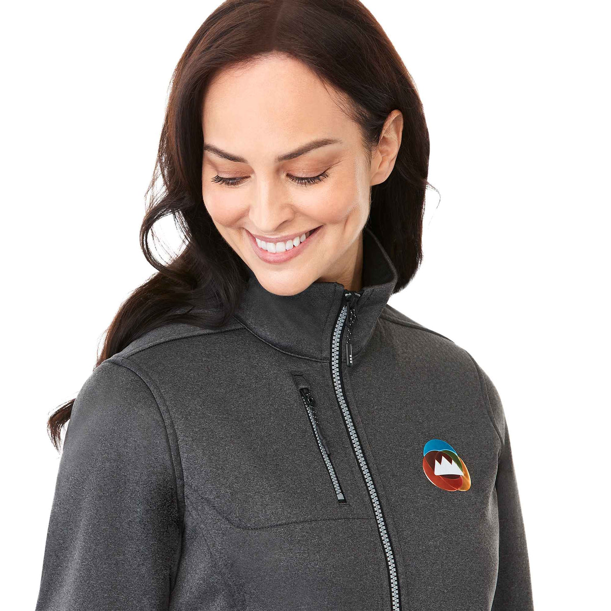 Joris Recycled Waterproof Softshell Jacket for Women Transfer - Heather Dark Charcoal - Right Angle On Model