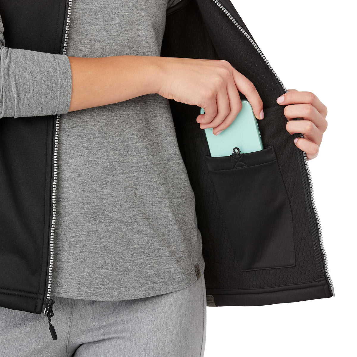 Joris Recycled Waterproof Softshell Vest for Women Transfer - Black - Detail On Model 4