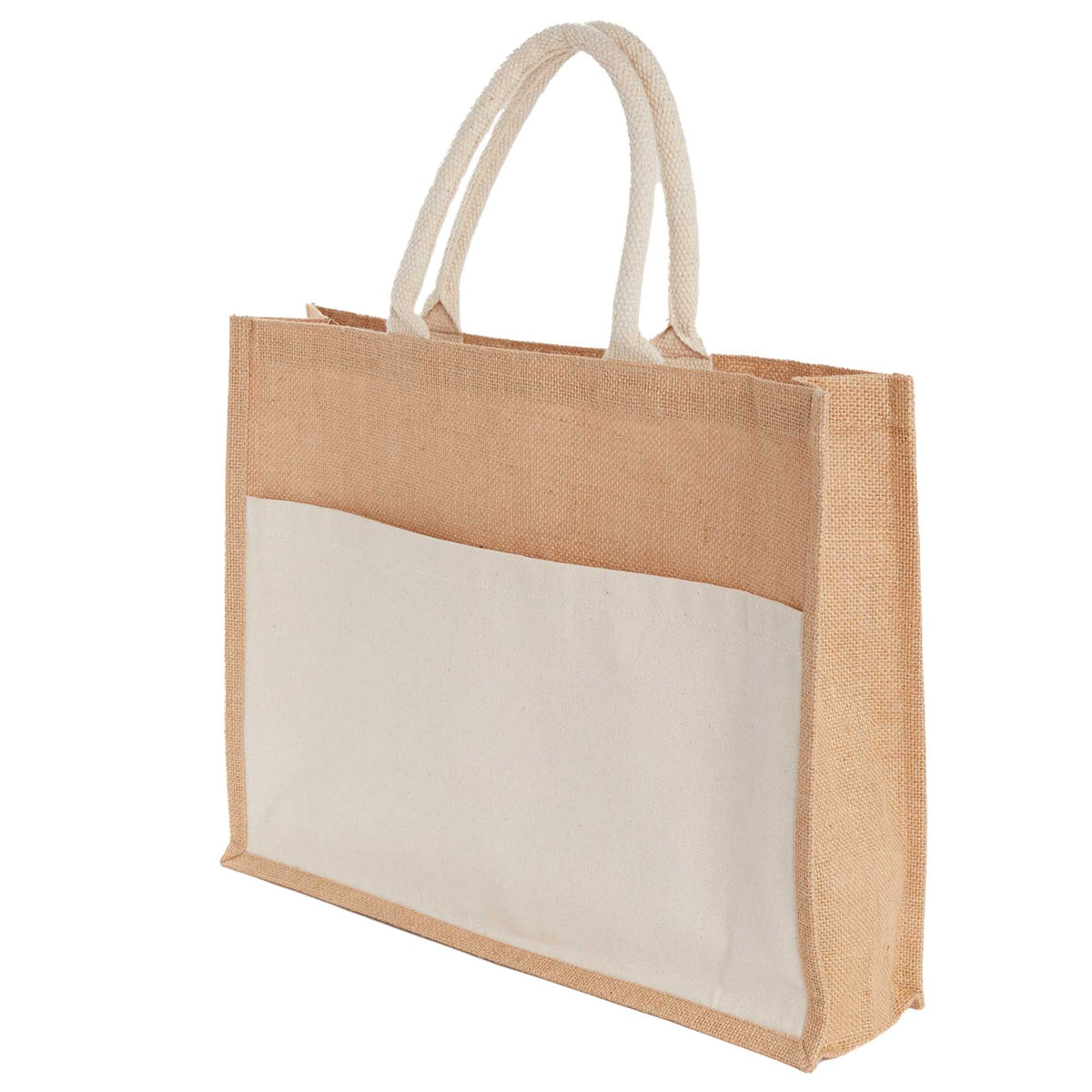Jute Shopper with Recycled Cotton Front Pocket Transfer - Natural - Left Side 2
