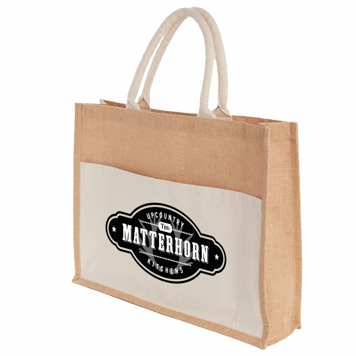 Jute Shopper with Recycled Cotton Front Pocket Transfer - Natural - Left Side