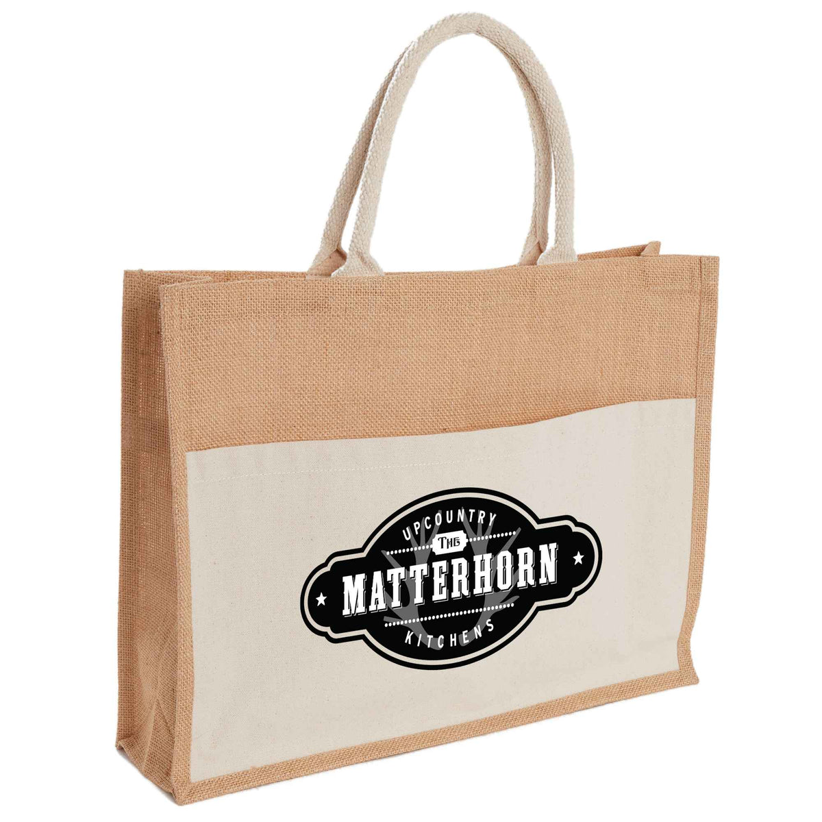 Jute Shopper with Recycled Cotton Front Pocket Transfer - Natural - Right Side