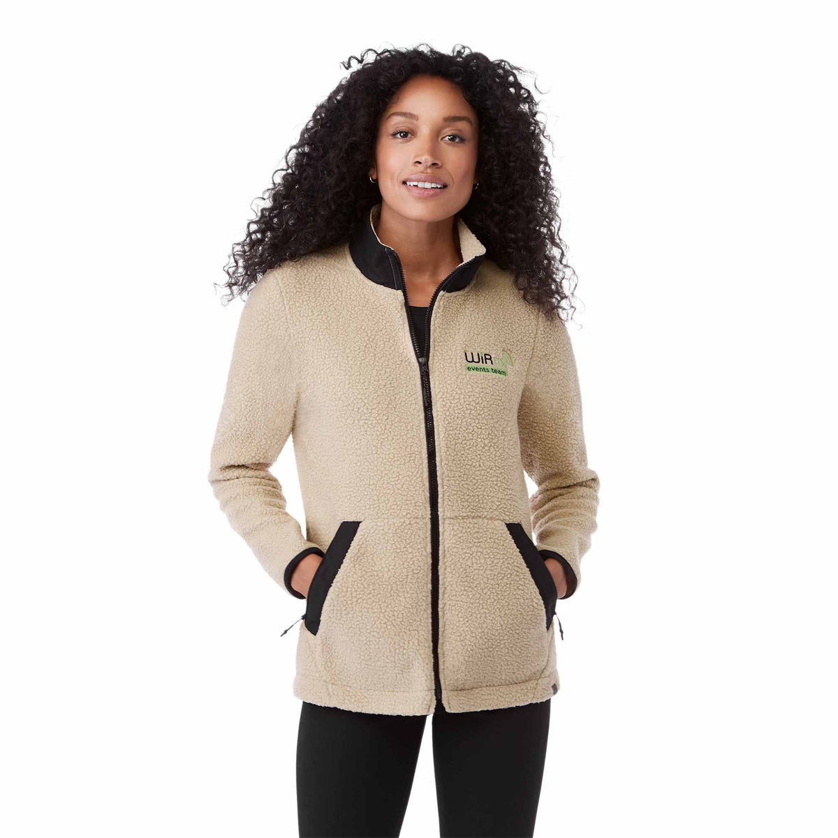 Kahuzi Recycled Sherpa Fleece Full Zip Jacket for Women Transfer - Desert Khaki/Black - Front On Model