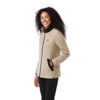 Kahuzi Recycled Sherpa Fleece Full Zip Jacket for Women Transfer - Desert Khaki/Black - Left Angle On Model 2