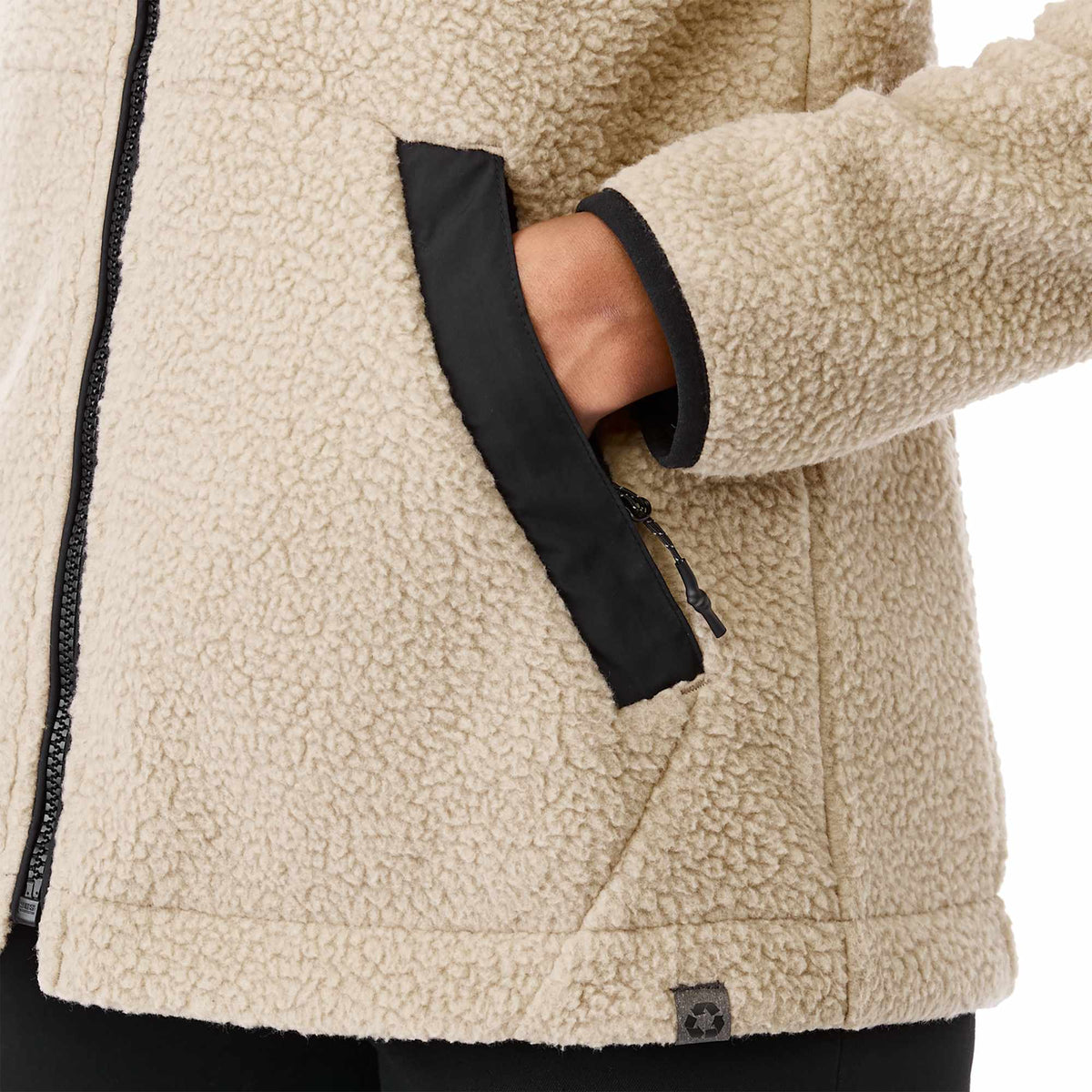 Kahuzi Recycled Sherpa Fleece Full Zip Jacket for Women Transfer - Desert Khaki/Black - Left Angle On Model 3