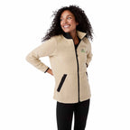 Kahuzi Recycled Sherpa Fleece Full Zip Jacket for Women Transfer - Desert Khaki/Black - Left Angle On Model