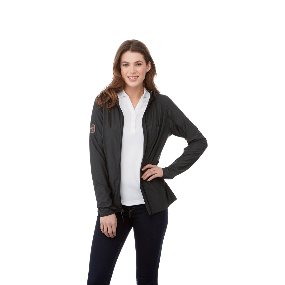 Kaiser Stretch Knit Full Zip Hoodie for Women Transfer - Black Smoke Heather - Front On Model