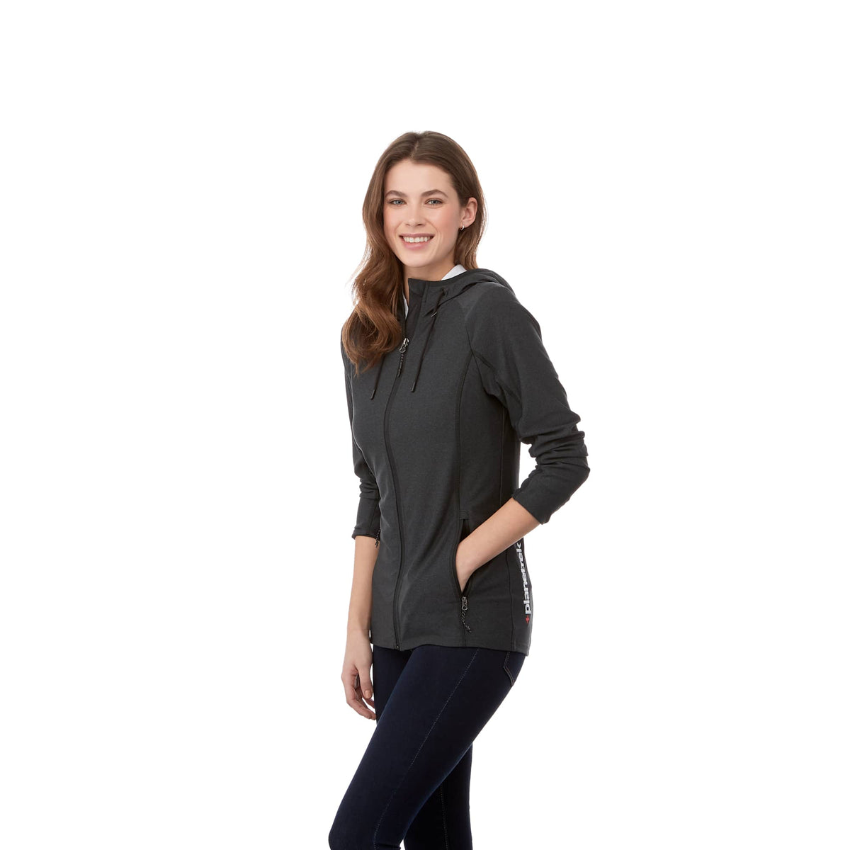Kaiser Stretch Knit Full Zip Hoodie for Women Transfer - Black Smoke Heather - On Model 2