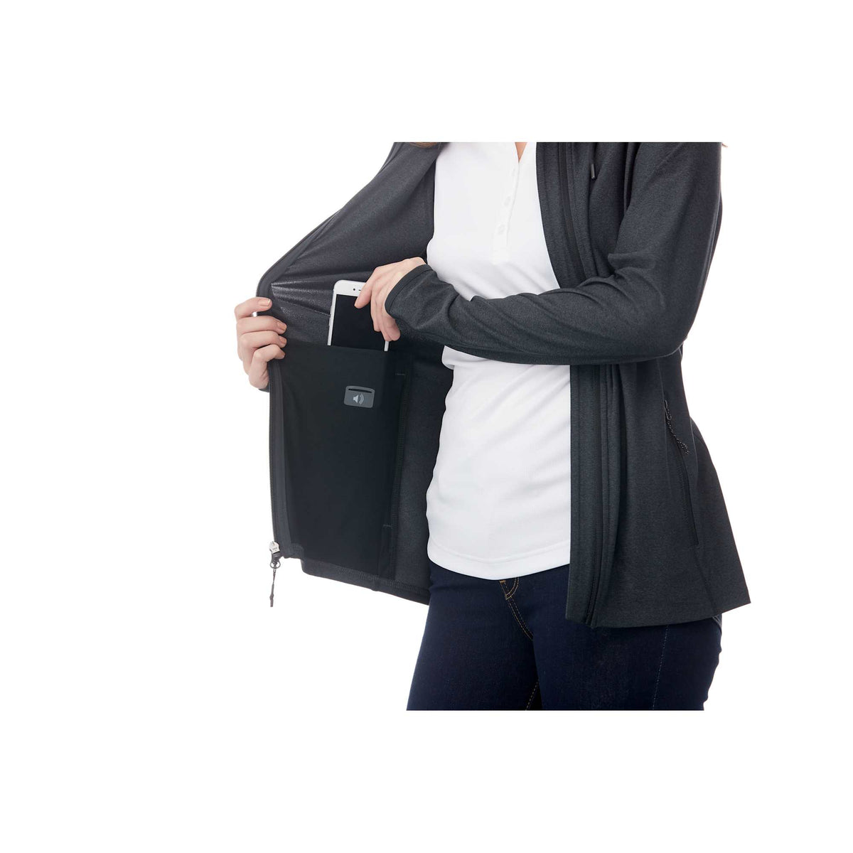 Kaiser Stretch Knit Full Zip Hoodie for Women Transfer - Black Smoke Heather - On Model 3