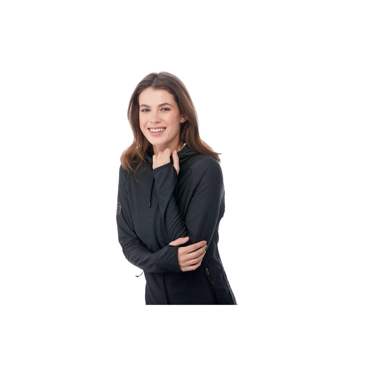 Kaiser Stretch Knit Full Zip Hoodie for Women Transfer - Black Smoke Heather - On Model 4