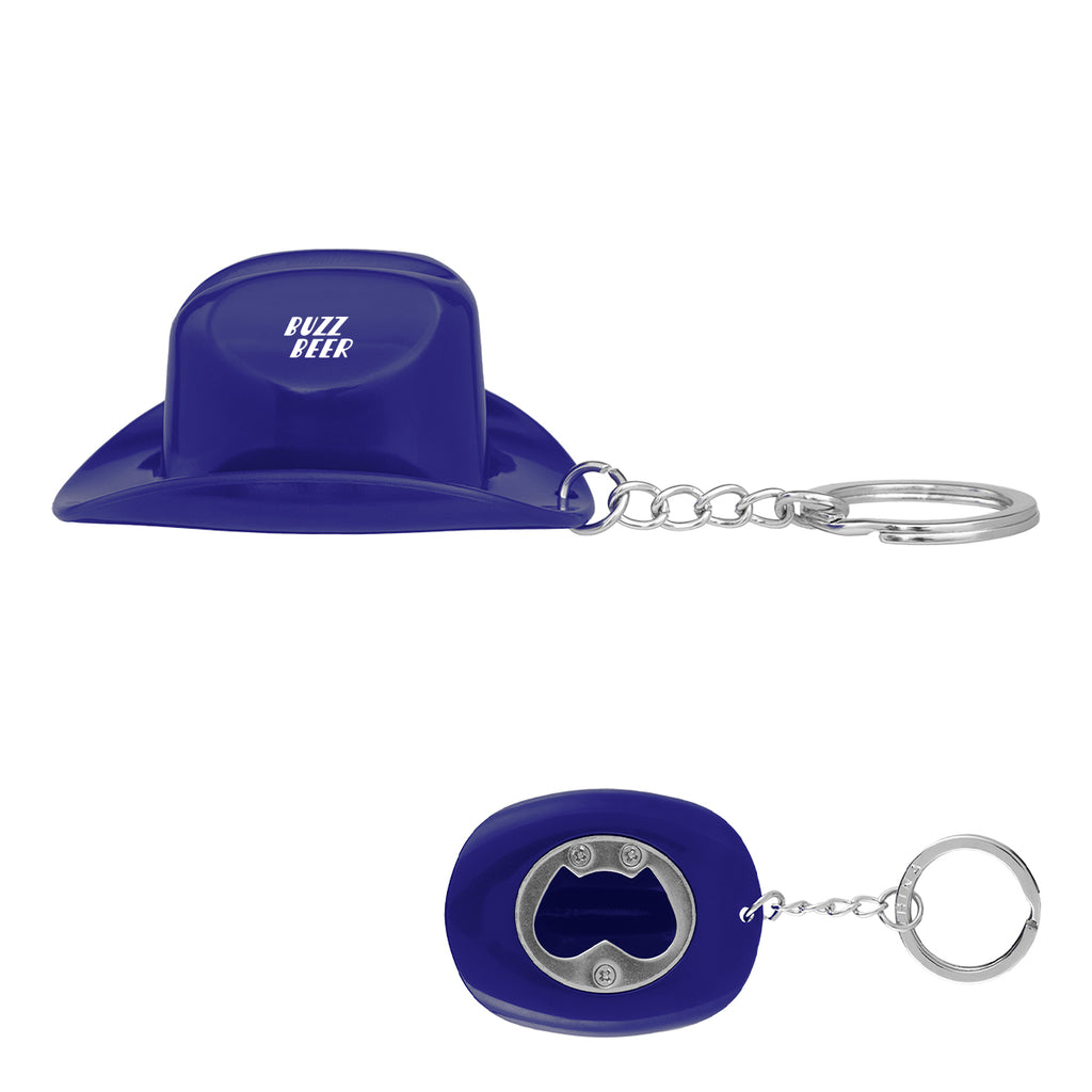 Keychain Bottle Opener Shaped Like a Cowboy Hat - Royal Blue - Pad Print