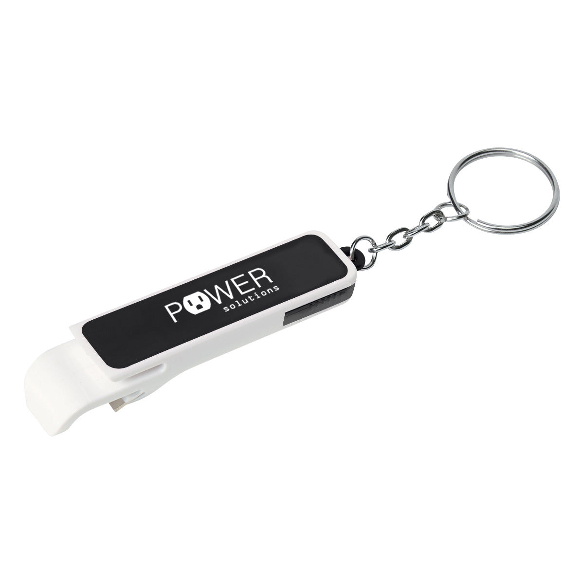 Keychain with Bottle Opener and Phone Stand - White with Black - Pad Print
