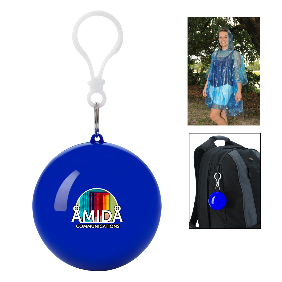 Keychain with Rain Poncho in a Ball - Blue - Full Color