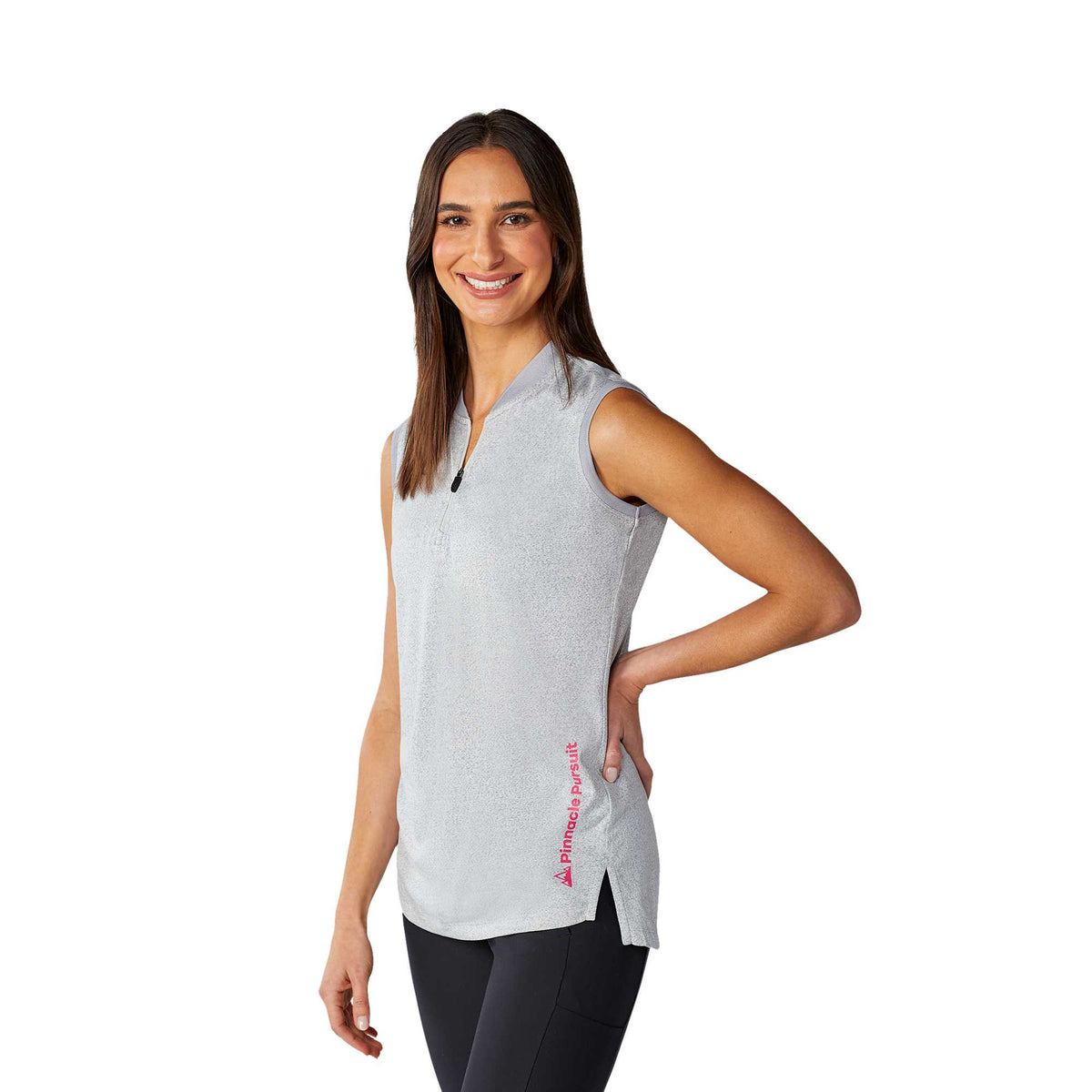 Kinport Sleeveless Zip Polo with Stand Collar for Women Transfer - Silver Heather - Flat