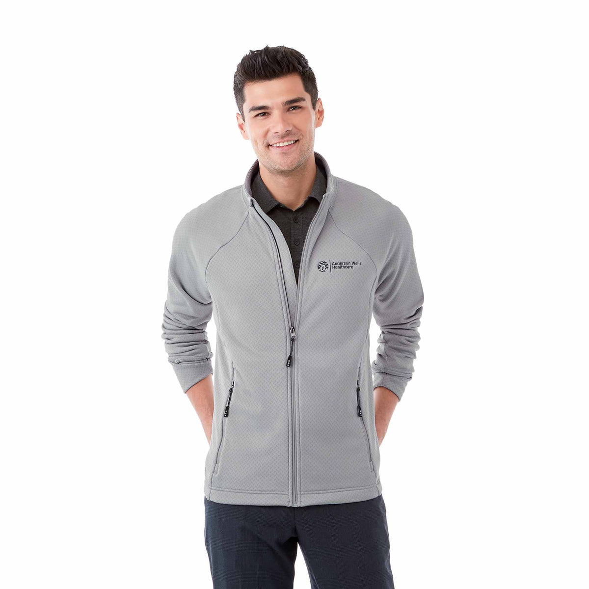Kirkwood Textured Knit Jacket for Men Embroidery - Silver - Front On Model