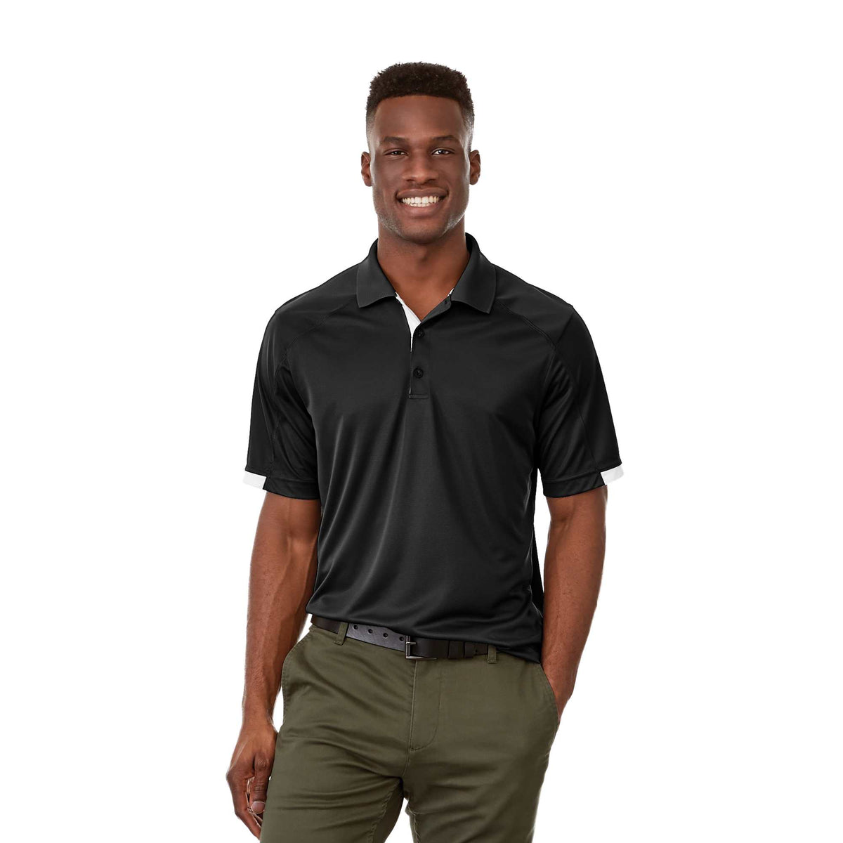 Kiso Short Sleeve Performance Polo with Coverstitching for Men Debossing - Black/White - Front On Model