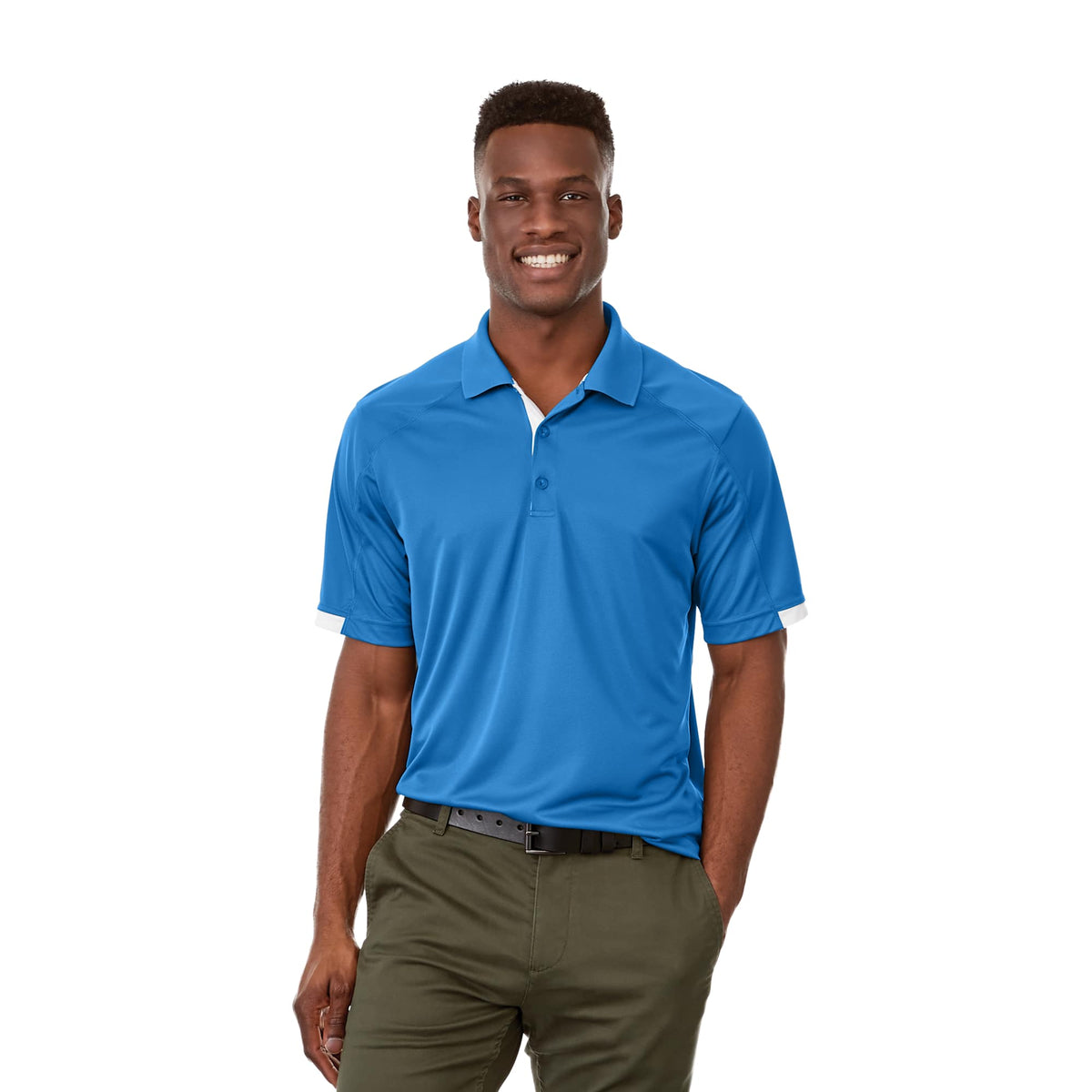 Kiso Short Sleeve Performance Polo with Coverstitching for Men Debossing - Olympic Blue/White - Front On Model