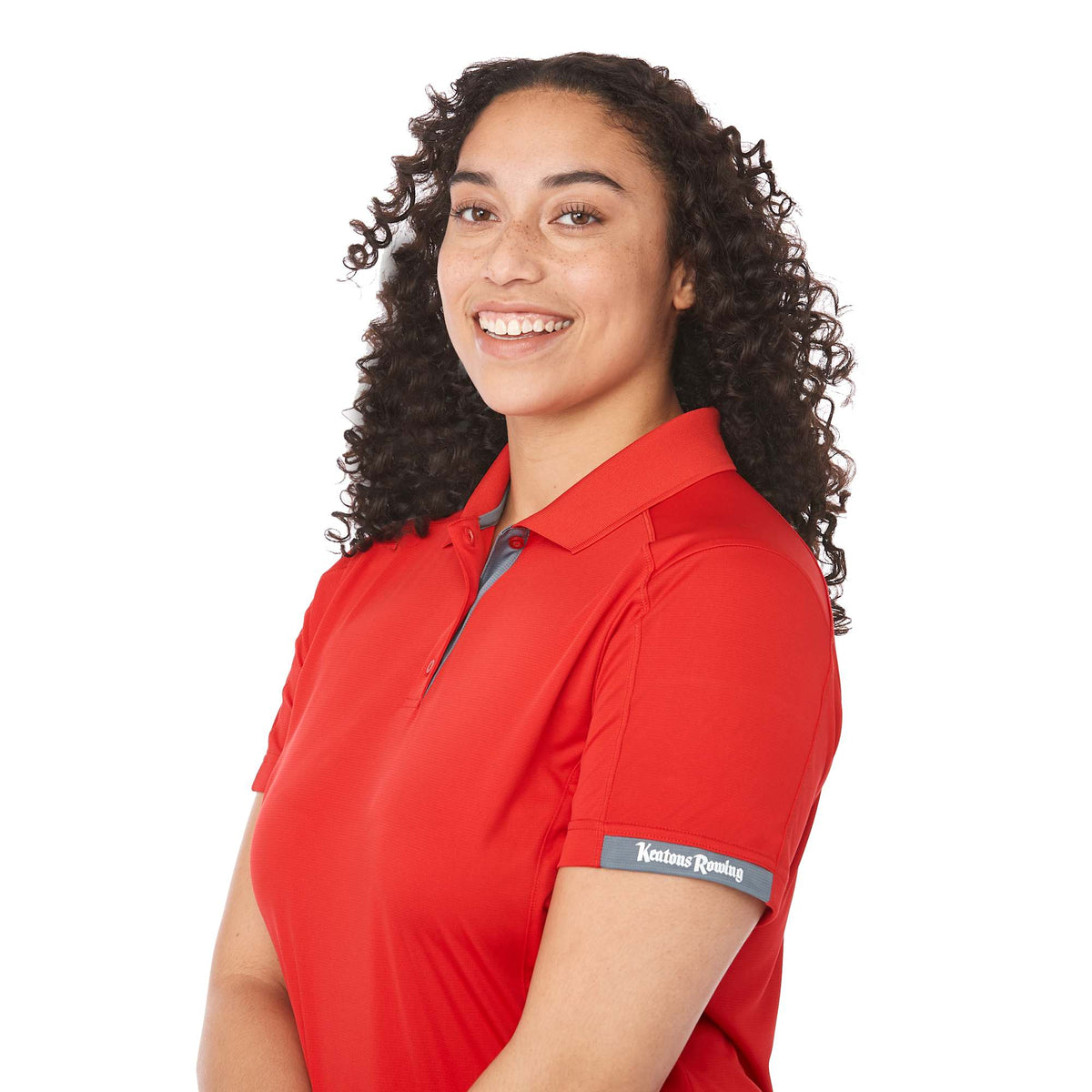Kiso Two-Tone Performance Polo for Women Debossing - Red/Steel Grey - On Model Detail