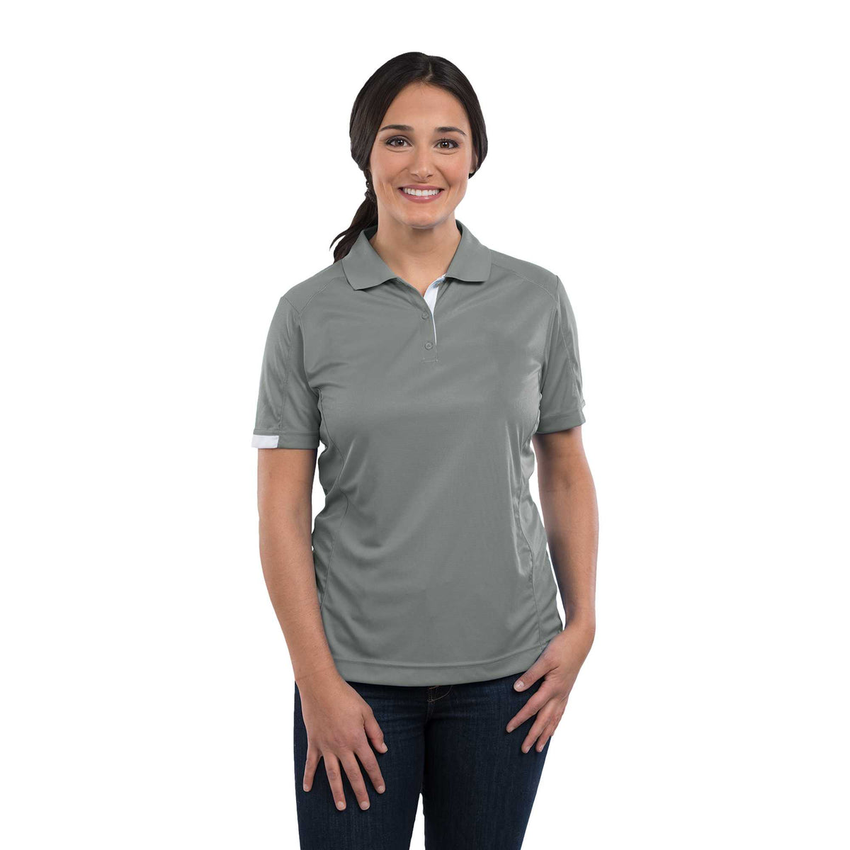 Kiso Two-Tone Performance Polo for Women Laser Engraving - Steel Grey/White - On Model