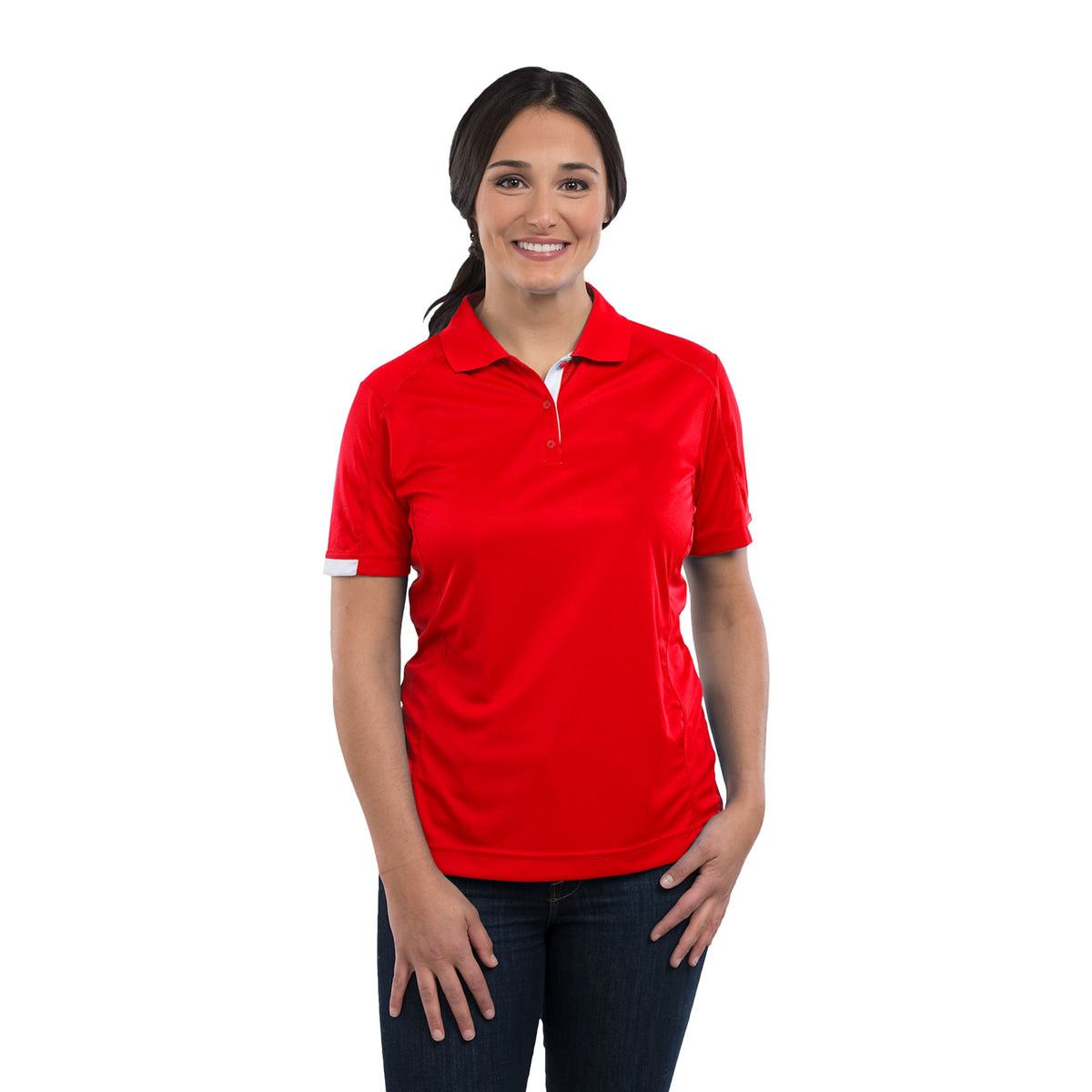 Kiso Two-Tone Performance Polo for Women Transfer - Red/Steel Grey - On Model