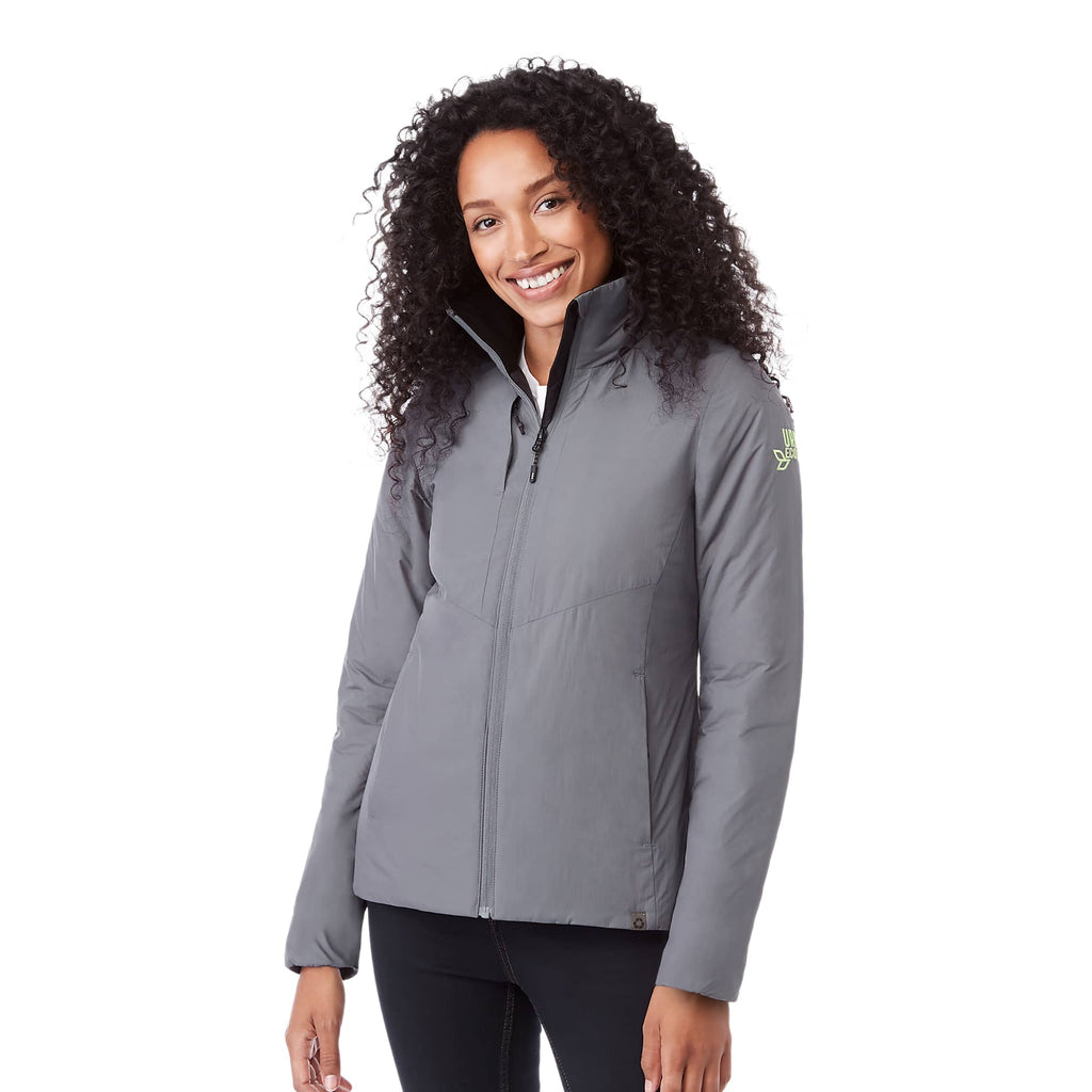 Kyes Packable Insulated Jacket in Recycled Nylon for Women Embroidery - Steel Grey - Left Angle On Model