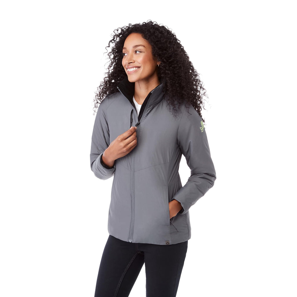 Kyes Packable Insulated Jacket in Recycled Nylon for Women Transfer - Steel Grey - Left Angle On Model 2