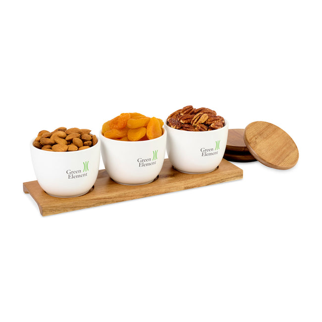 La Cuisine Acacia Appetizer Board with Ceramic Bowls Laser Engraving