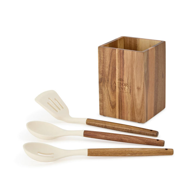 La Cuisine Acacia Utensil Canister with Three Silicone Tools Laser Engraving