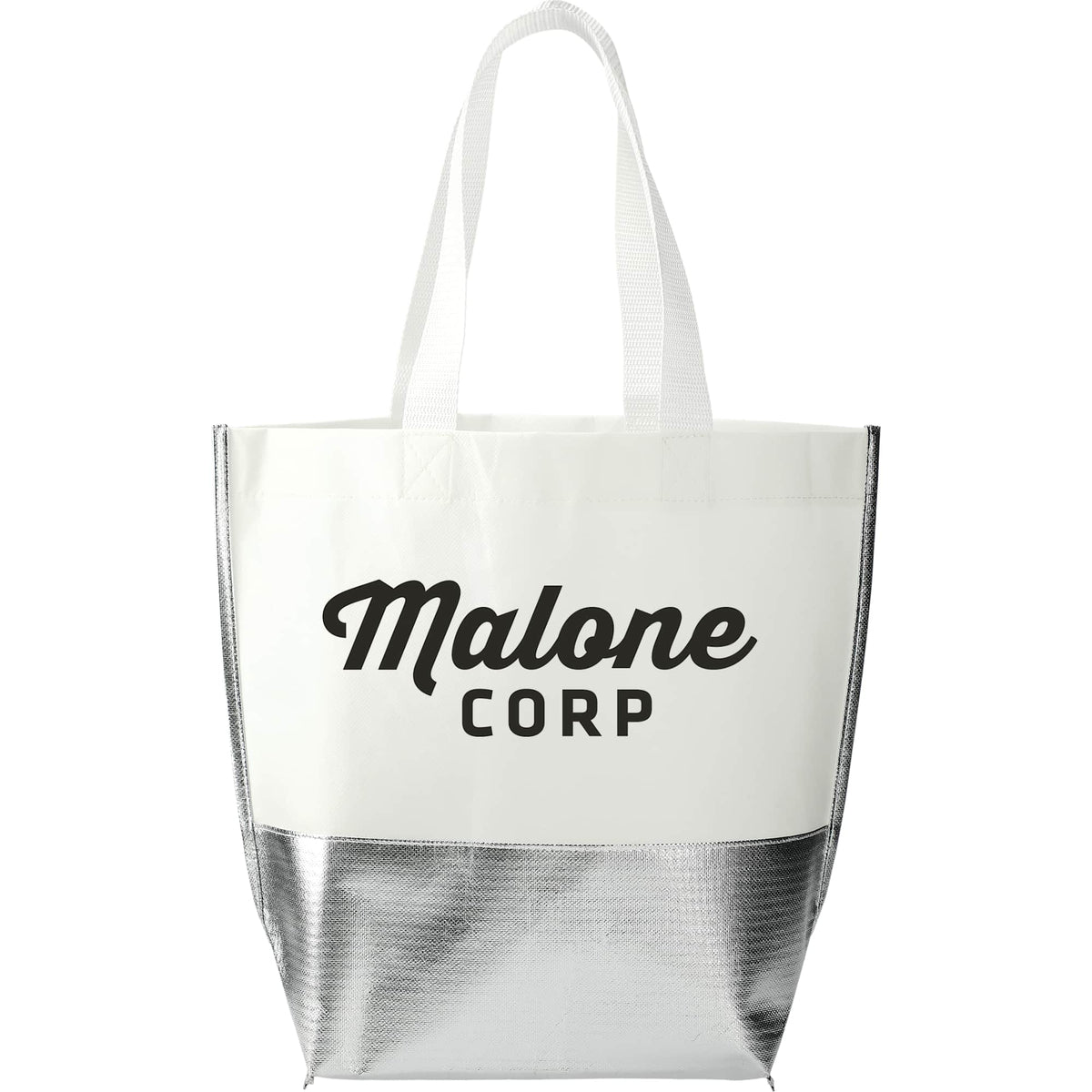 Laminated Tote with Metallic Silver Base, Large - White/Silver - Front