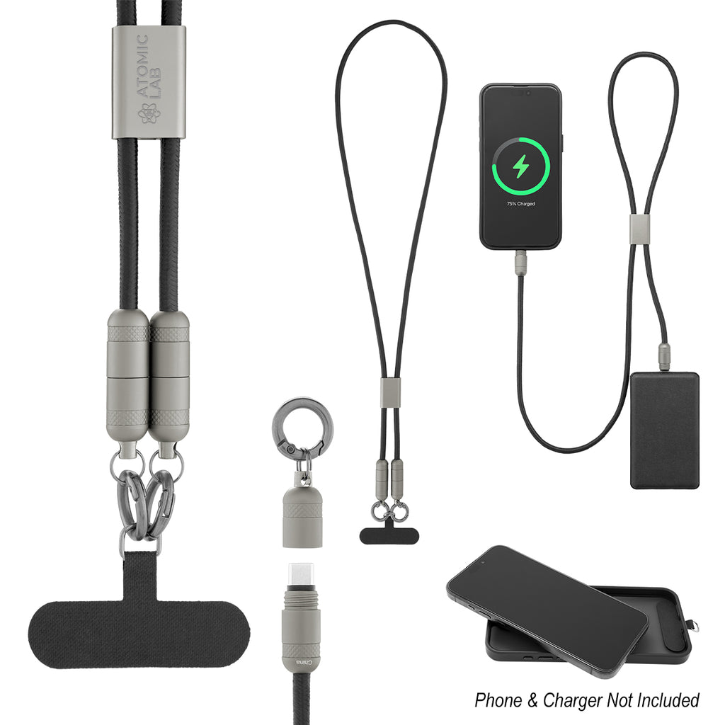 Lanyard with 60W Charging Cable and Phone Tether - Branded - Black with Gunmetal - Laser