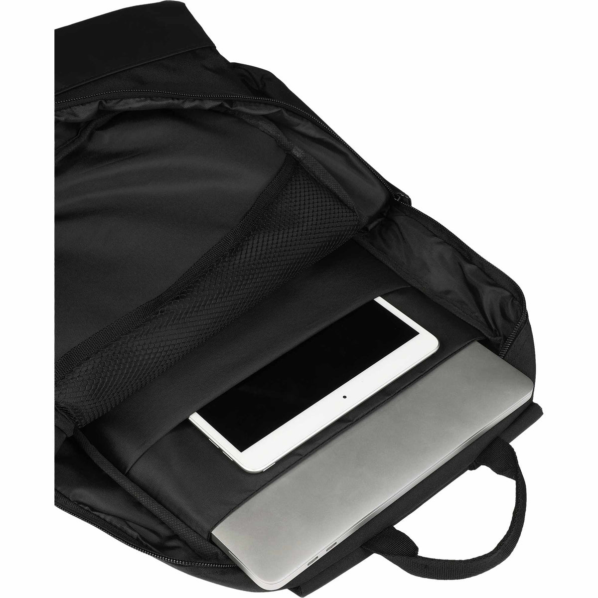 Laptop Daypack with Tarpaulin Base, 15.6 Inch Embroidery - Black - Propped 2