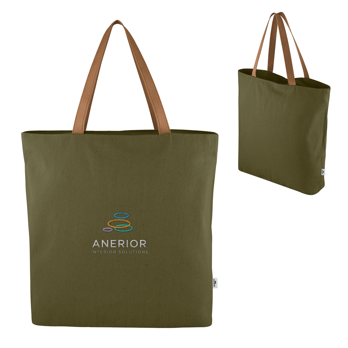 Larchmont Recycled Cotton Tote Bag, 9 oz - Olive with Brown - Embroidery
