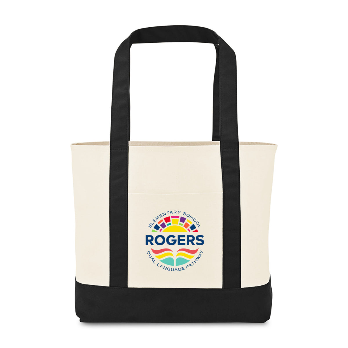 Large Canvas Tote with Deep Front Pocket Embroidery - Black - View 1
